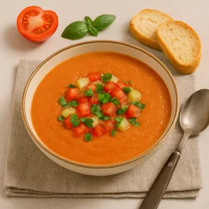 Гаспачо в миске с овощами, зеленью и хлебом