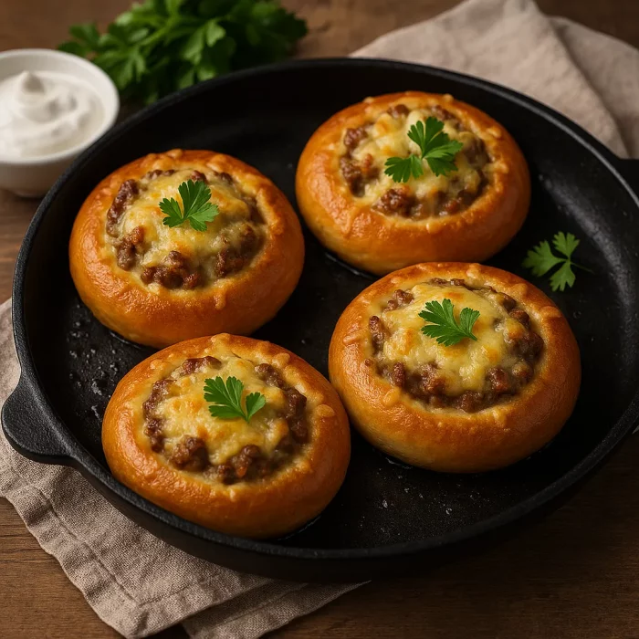 Жареные бублики с фаршем и сыром на сковороде