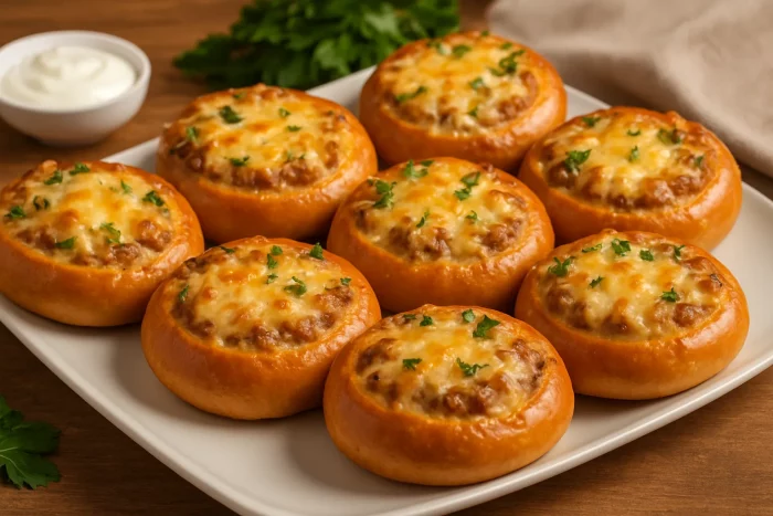 Готовые запечённые бублики с фаршем и сыром