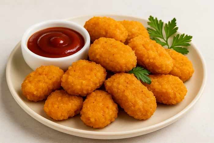 Подача домашних наггетсов KFC на тарелке с соусом
