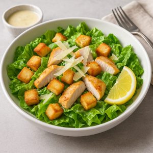 Подача салата Цезарь с курицей и лимоном