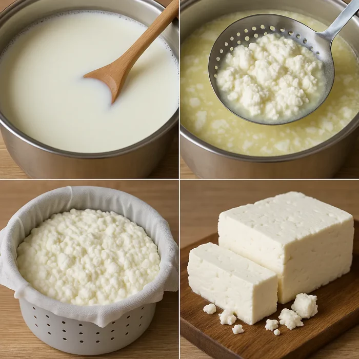 Коллаж с этапами приготовления домашней феты