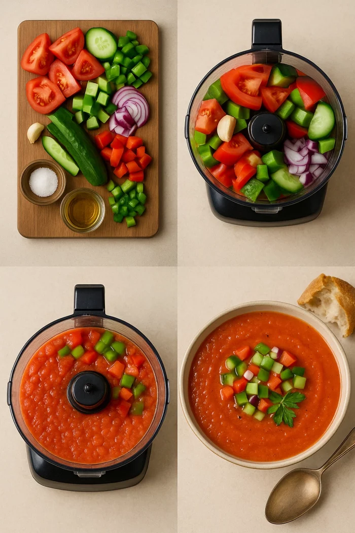 Коллаж приготовления гаспачо по шагам