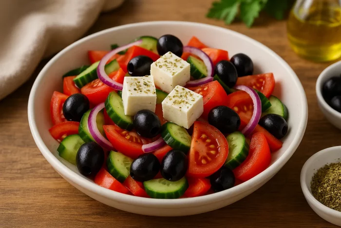 Греческий салат с кубиками феты, маслинами и свежими овощами