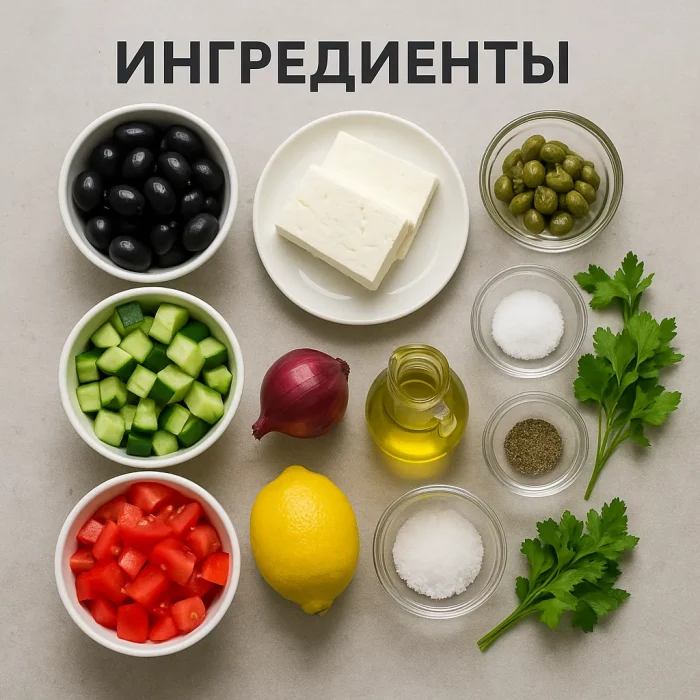 Ингредиенты для приготовления греческого салата на столе