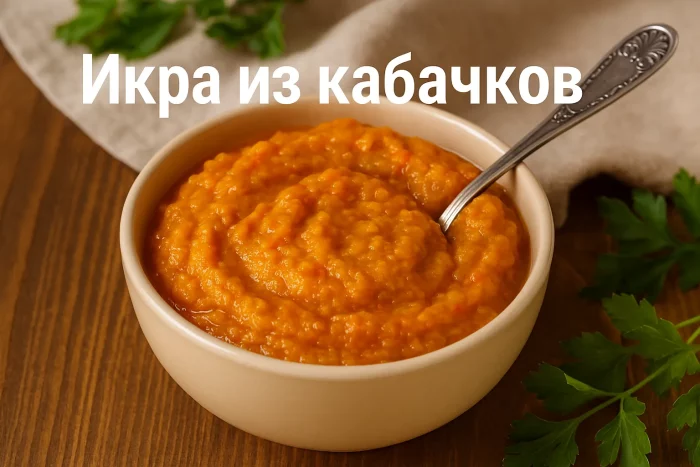 Икра из кабачков в миске с ложкой