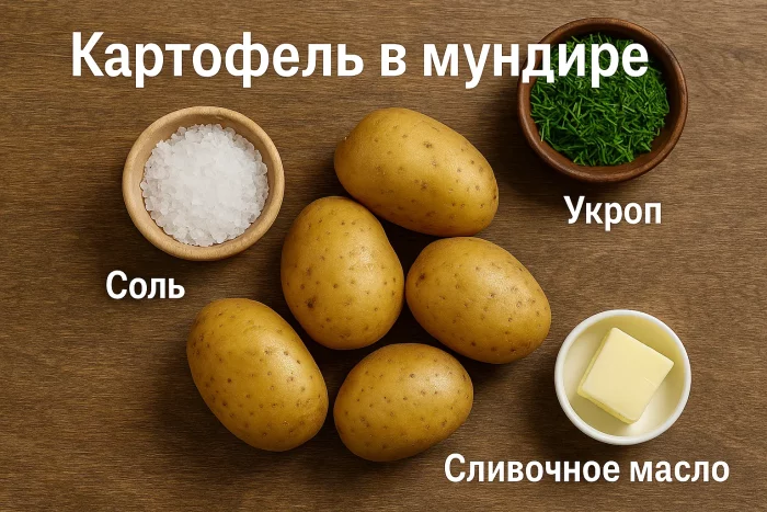 Ингредиенты для варки картошки в мундире: картофель, соль, масло, укроп