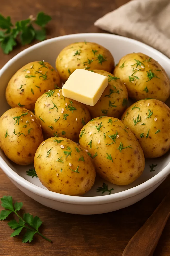 Подача варёной картошки в мундире с зеленью и маслом