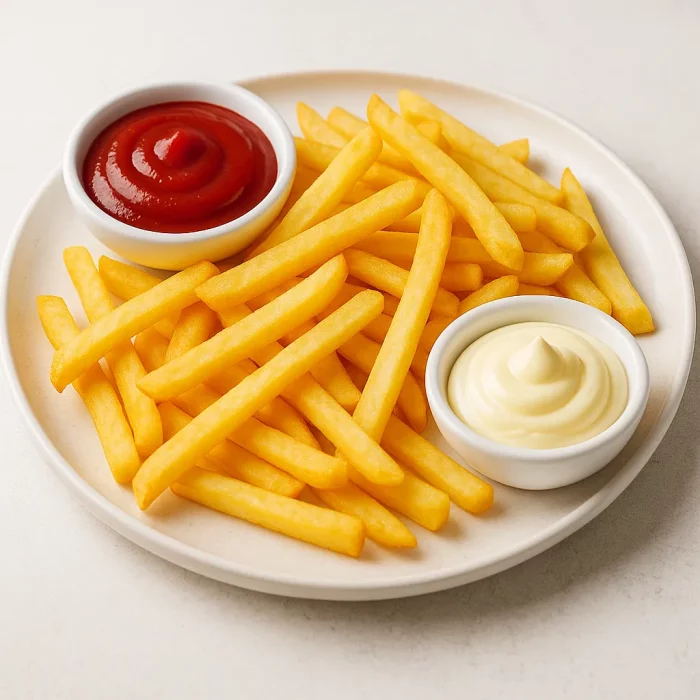 Картошка фри как в McDonald's на тарелке с соусами