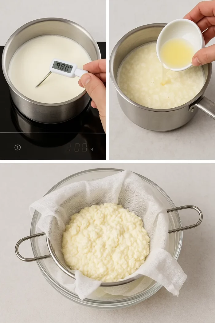 Коллаж из трёх этапов приготовления маскарпоне