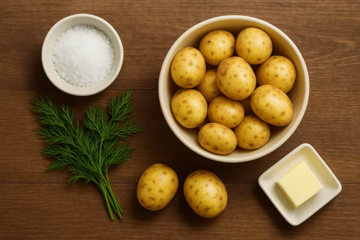 Ингредиенты для варки молодой картошки: картошка, соль, масло и укроп