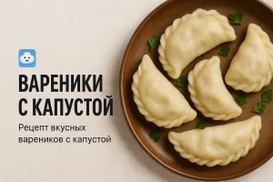 Финальное блюдо: вареники с капустой, посыпанные жареным луком, поданы в глубокой тарелке на фоне деревянного стола.