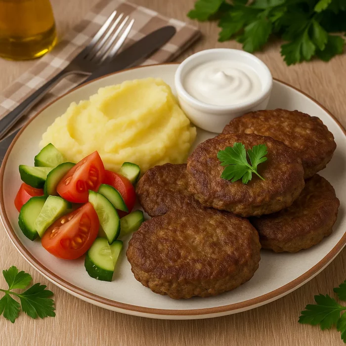 Печеночные котлеты с пюре и овощным салатом