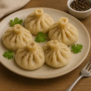 Подача хинкали с чёрным перцем и зеленью