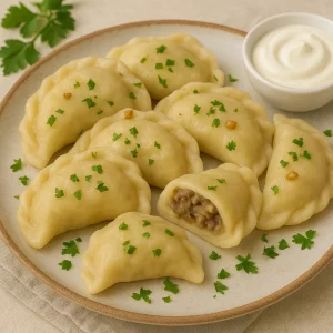 Подача вареников с картошкой и печёнкой