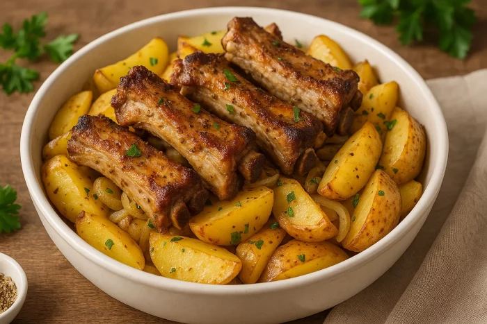 Свиные рёбрышки с картошкой, запечённые до румяной корочки