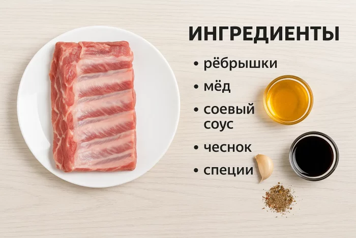 Ингредиенты для приготовления свиных рёбрышек в медовом соусе