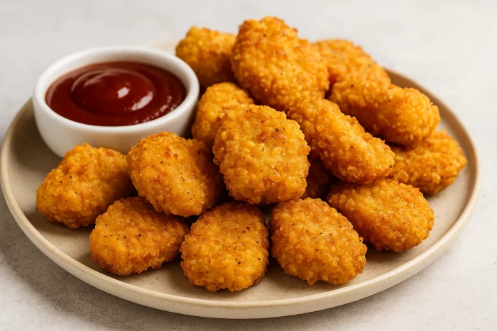 Домашние наггетсы как в KFC на тарелке с соусом