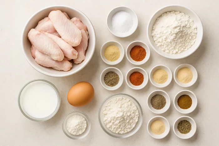 Ингредиенты для крылышек KFC: специи, мука, молоко, яйцо