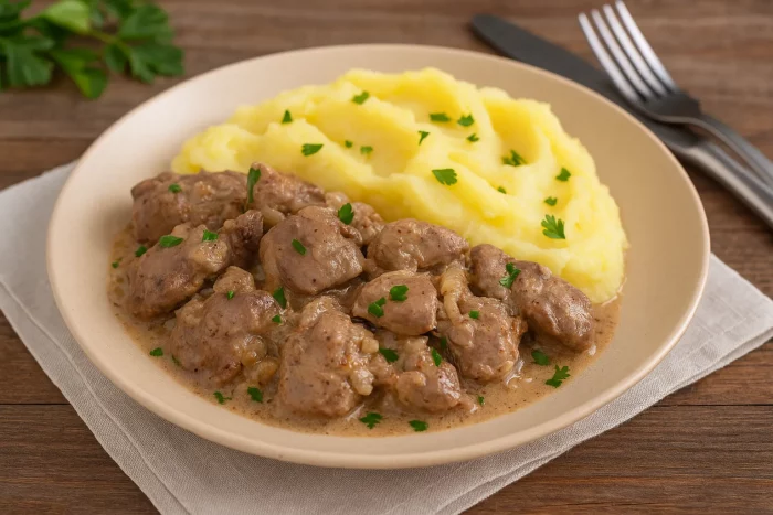 Подача тушёной куриной печени на тарелке