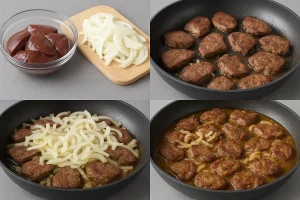 Композиция из основных ингредиентов на светлом фоне: свежая печень, лук, мука, масло, специи и сметана. Продукты выложены аккуратно.
