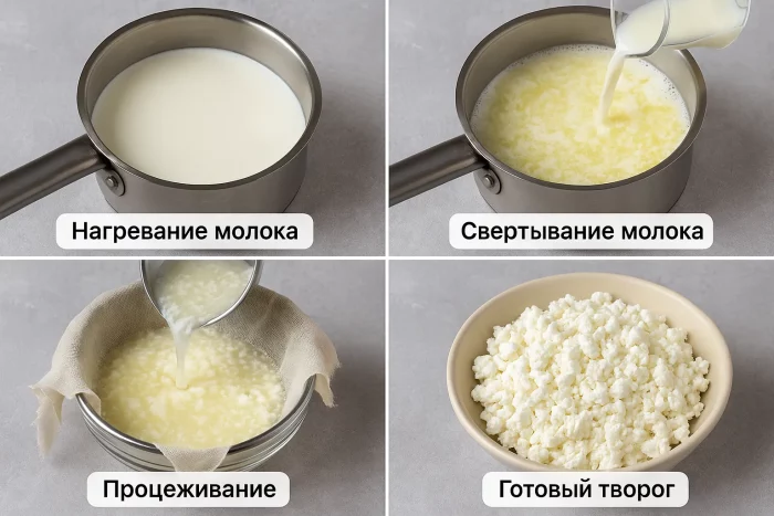 Коллаж из четырёх этапов приготовления творога