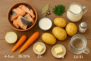 Ингредиенты для ухи из семги и лосося