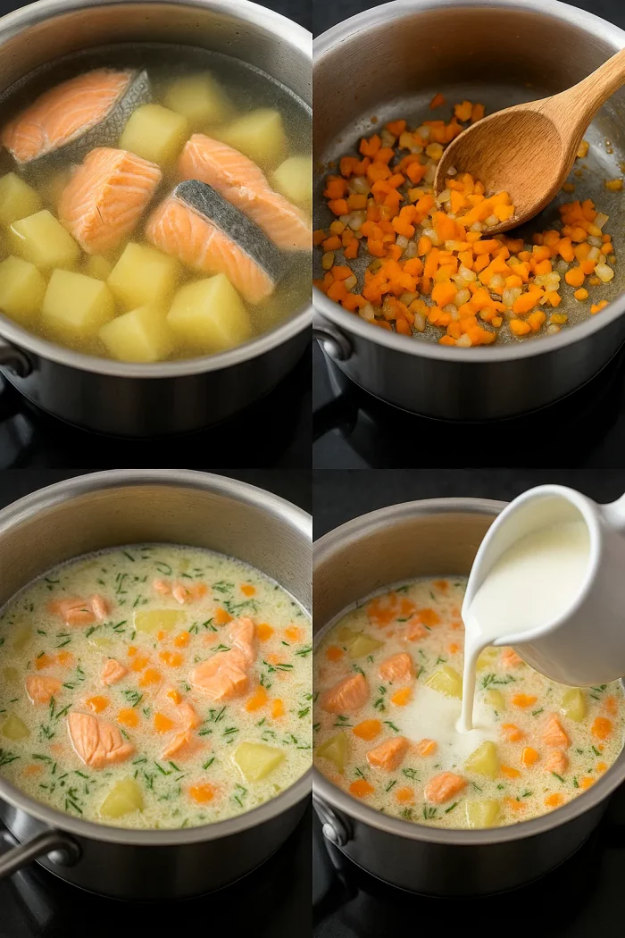 Коллаж пошагового приготовления сливочной ухи