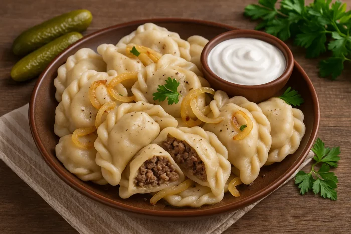 Готовые вареники с потрошками на тарелке