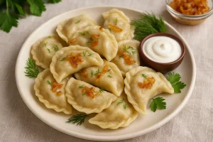 Вареники с печёнкой на тарелке
