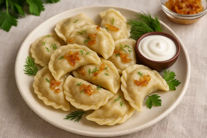 Вареники с печёнкой на тарелке