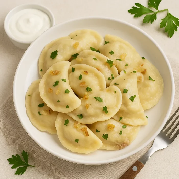 Вареники с картошкой и печёнкой на тарелке