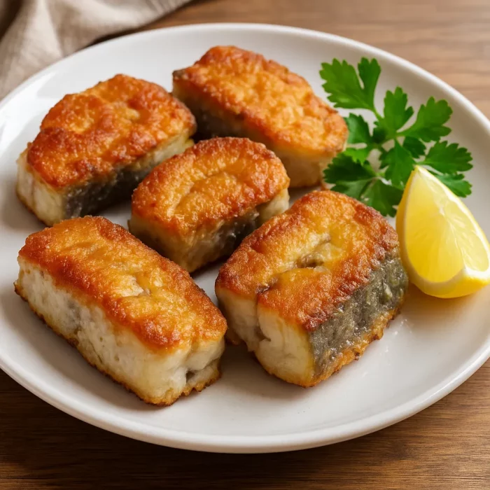 Жареный хек на тарелке с лимоном и зеленью