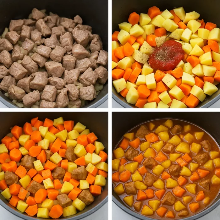 Процесс приготовления жаркого с мясом и овощами