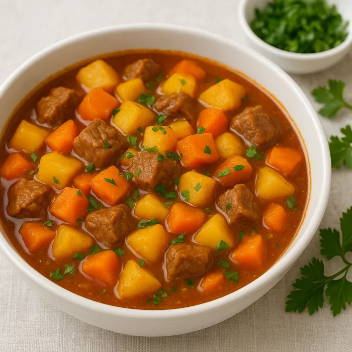 Подача жаркого с картошкой и зеленью