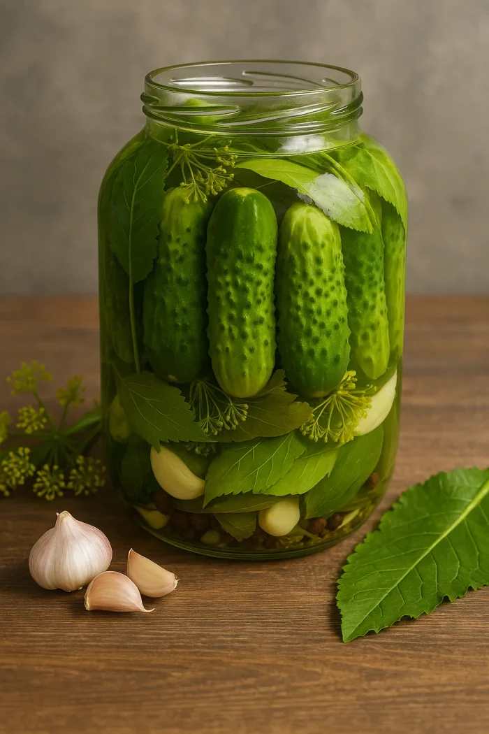 Бочковые огурцы в банке с чесноком и зеленью