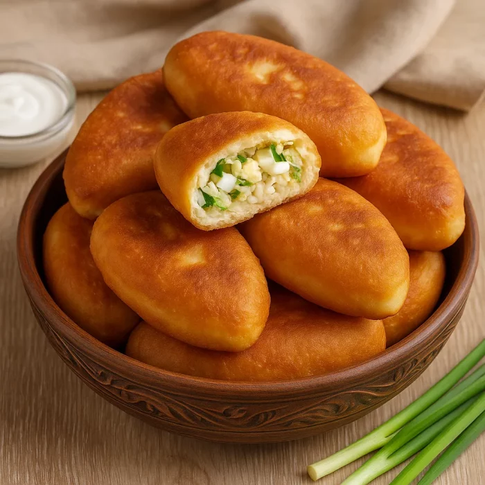 Готовые пирожки с яйцом и рисом на деревянной тарелке
