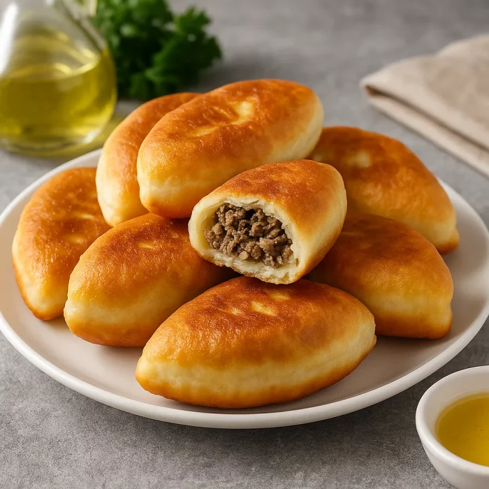 Пирожки с ливером на сковороде, крупный план
