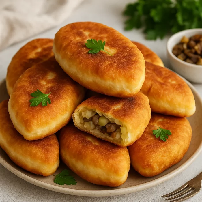 Жареные пирожки с картошкой и грибами крупным планом