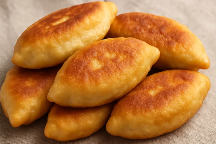 Домашние жареные пирожки с картошкой и печенкой крупным планом