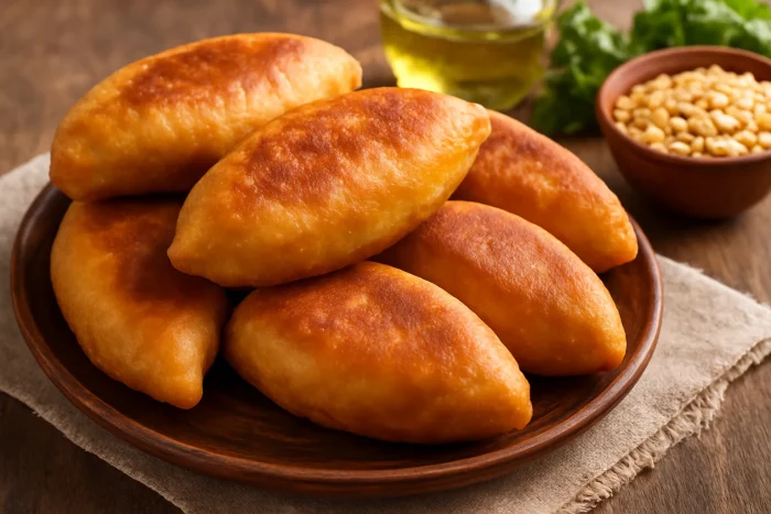 Жареные сладкие пирожки с горохом на тарелке