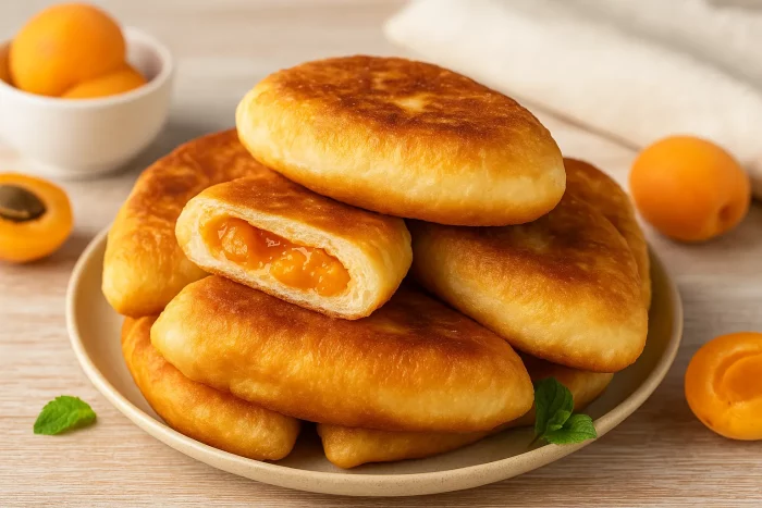 Жареные пирожки с абрикосами крупным планом