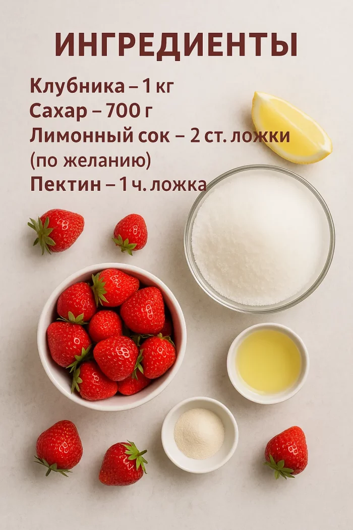 Ингредиенты для клубничного джема: клубника, сахар, лимон, пектин