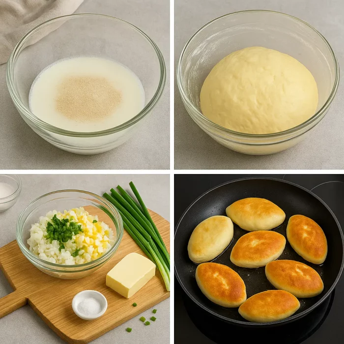 Этапы приготовления пирожков с яйцом и рисом