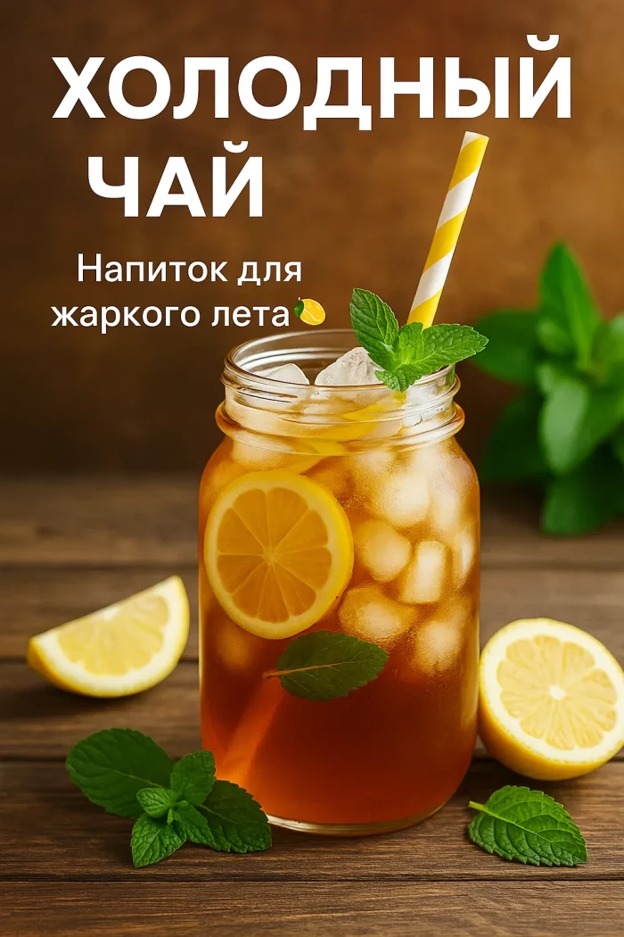 Подача холодного чая в бокале с мятой, лимоном и льдом