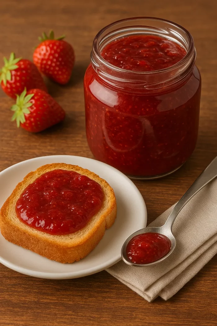 Тост с клубничным джемом и баночка рядом