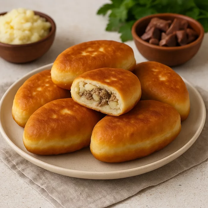 Подача домашних пирожков с картошкой и печенкой
