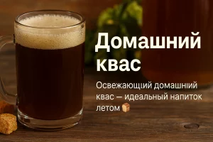 Домашний квас в кружке с надписью «Освежающий домашний квас»