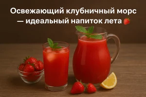 Кувшин и стакан с клубничным морсом и надписью «Клубничный морс — идеальный напиток лета»