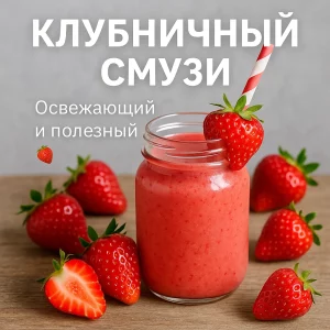 Клубничный смузи в банке с текстом «Клубничный смузи — освежающий и полезный»